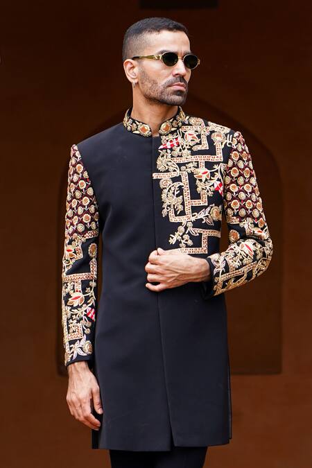 Courtyard By Abhi_Black Lycra Embroidery Mughal Blossom Sherwani With Trouser _Online_at_Aza_Fashions