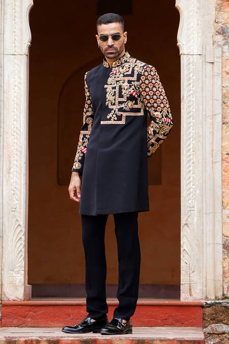 Shop_Courtyard By Abhi_Black Lycra Embroidery Mughal Blossom Sherwani With Trouser _Online_at_Aza_Fashions
