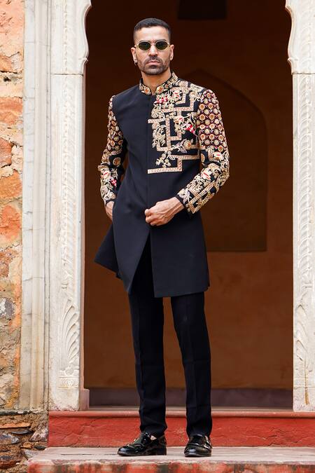 Courtyard By Abhi_Black Lycra Embroidery Mughal Blossom Sherwani With Trouser _at_Aza_Fashions