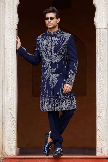 Courtyard by abhi Blue Japanese Lycra Embroidery Cutdana Florence Ecstasy Sherwani With Trouser 