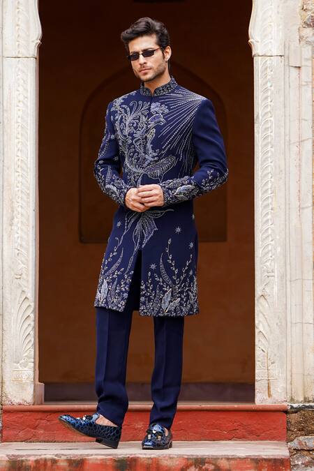 Courtyard By Abhi_Blue Lycra Cut Work, Pearls Florence Ecstasy Embroidered Sherwani With Trouser _Online_at_Aza_Fashions