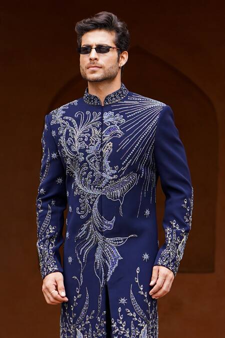 Shop_Courtyard By Abhi_Blue Lycra Cut Work, Pearls Florence Ecstasy Embroidered Sherwani With Trouser _Online_at_Aza_Fashions