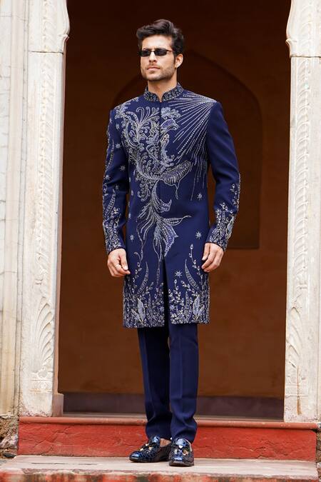 Courtyard By Abhi_Blue Lycra Cut Work, Pearls Florence Ecstasy Embroidered Sherwani With Trouser _at_Aza_Fashions