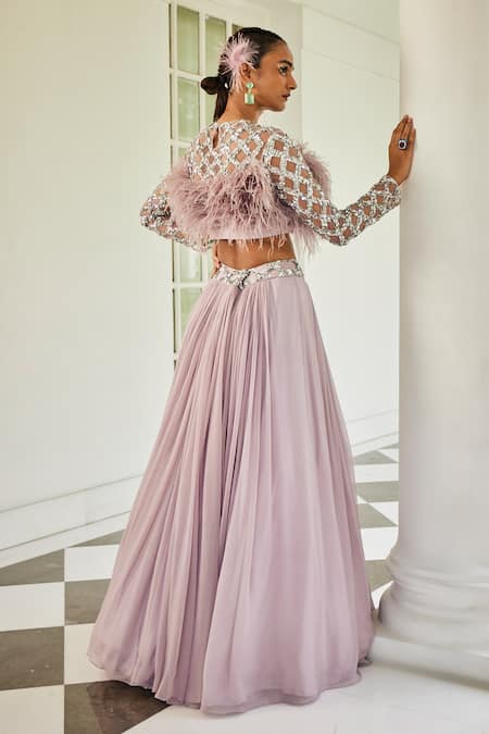 Shop Mani Bhatia Purple Net, Chiffon, Satin Sequins, Cut Jaal And Embellished Blouse With Lehenga at Aza Fashions Shop_Mani Bhatia_Purple Net, Chiffon, Satin Sequins, Cut Jaal And Embellished Blouse With Lehenga _at_Aza_Fashions