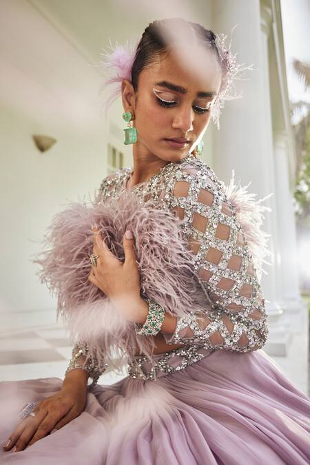 Mani Bhatia Purple Net, Chiffon, Satin Sequins, Cut Jaal And Embellished Blouse With Lehenga Online at Aza Fashions Mani Bhatia_Purple Net, Chiffon, Satin Sequins, Cut Jaal And Embellished Blouse With Lehenga _Online_at_Aza_Fashions