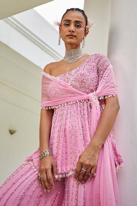 Mani Bhatia Pink Net, Chiffon Cut Work, Celeste Bloom Embroidered Peplum Kurti Sharara Set Online at Aza Fashions Mani Bhatia_Pink Net, Chiffon Cut Work, Celeste Bloom Embroidered Peplum Kurti Sharara Set _Online_at_Aza_Fashions
