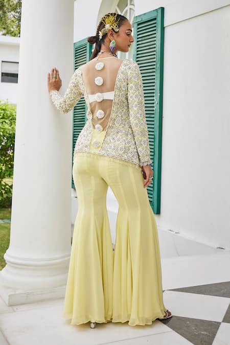Shop Mani Bhatia Yellow Net, Chiffon Pearls, Cut Work, Phool Jaal Embroidered Jacket Sharara Set at Aza Fashions Shop_Mani Bhatia_Yellow Net, Chiffon Pearls, Cut Work, Phool Jaal Embroidered Jacket Sharara Set _at_Aza_Fashions