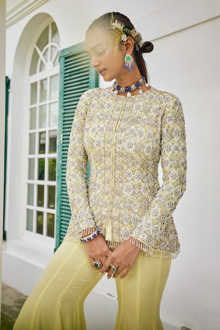 Mani Bhatia Yellow Net, Chiffon Pearls, Cut Work, Phool Jaal Embroidered Jacket Sharara Set Online at Aza Fashions Mani Bhatia_Yellow Net, Chiffon Pearls, Cut Work, Phool Jaal Embroidered Jacket Sharara Set _Online_at_Aza_Fashions