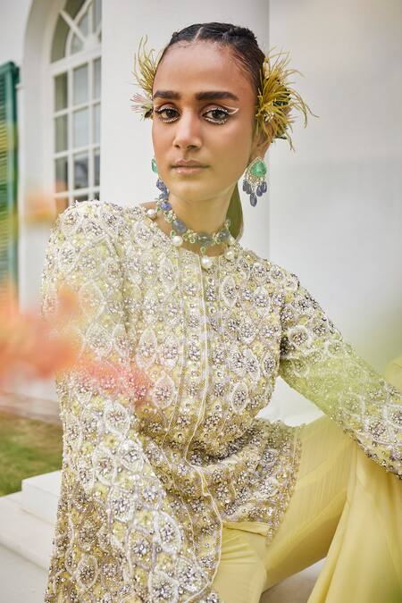 Buy Mani Bhatia Yellow Net, Chiffon Pearls, Cut Work, Phool Jaal Embroidered Jacket Sharara Set Online at Aza Fashions Buy_Mani Bhatia_Yellow Net, Chiffon Pearls, Cut Work, Phool Jaal Embroidered Jacket Sharara Set _Online_at_Aza_Fashions