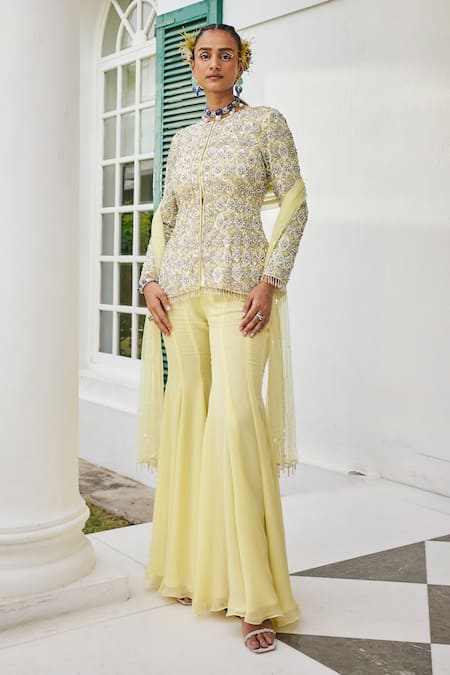 Shop Mani Bhatia Yellow Net, Chiffon Pearls, Cut Work, Phool Jaal Embroidered Jacket Sharara Set Online at Aza Fashions Shop_Mani Bhatia_Yellow Net, Chiffon Pearls, Cut Work, Phool Jaal Embroidered Jacket Sharara Set _Online_at_Aza_Fashions