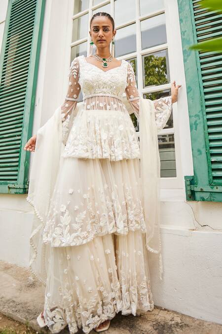 Mani Bhatia_Ivory Net, Crepe, Organza Cut Work, Fresh Daisy Peplum Kurti And Sharara Set _Online_at_Aza_Fashions