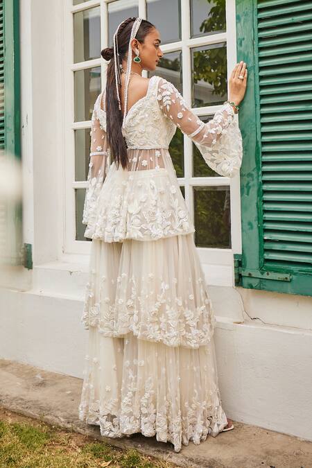 Buy_Mani Bhatia_Ivory Net, Crepe, Organza Cut Work, Fresh Daisy Peplum Kurti And Sharara Set _Online_at_Aza_Fashions