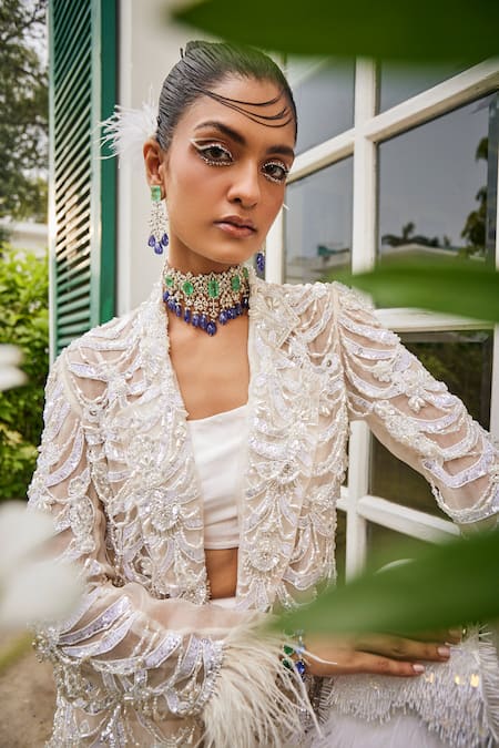 Mani Bhatia Ivory Net, Silk Feathers, Lily Petal Embroidered Jacket And Bell Bottom Pant Set Online at Aza Fashions Mani Bhatia_Ivory Net, Silk Feathers, Lily Petal Embroidered Jacket And Bell Bottom Pant Set _Online_at_Aza_Fashions