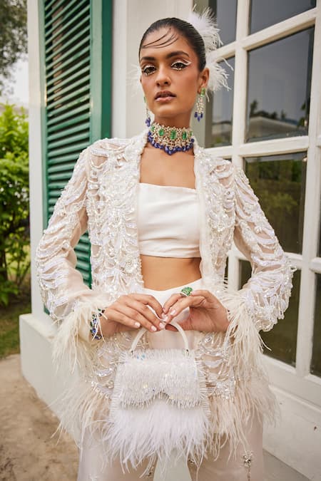 Buy Mani Bhatia Ivory Net, Silk Feathers, Lily Petal Embroidered Jacket And Bell Bottom Pant Set Online at Aza Fashions Buy_Mani Bhatia_Ivory Net, Silk Feathers, Lily Petal Embroidered Jacket And Bell Bottom Pant Set _Online_at_Aza_Fashions