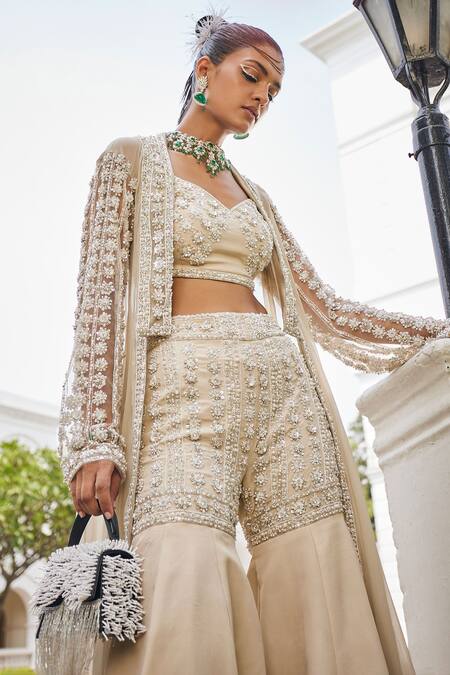 Mani Bhatia_Grey Crepe, Chiffon Pearls, Sequins, Cut Floret Embroidered Jacket And Sharara Set _Online_at_Aza_Fashions