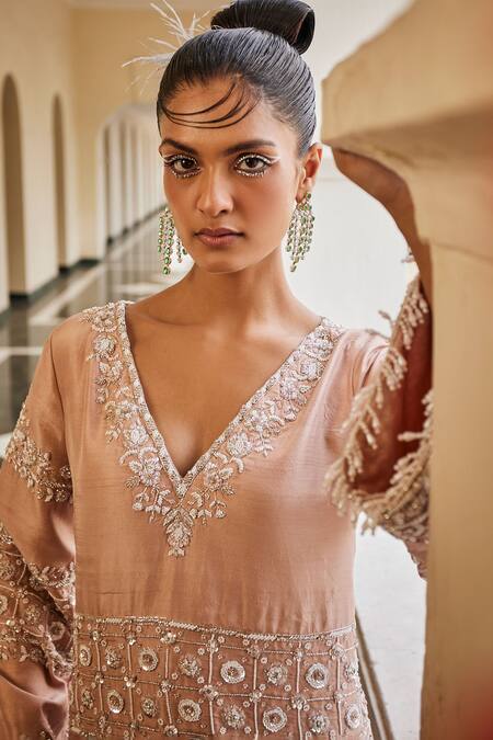 Mani Bhatia Rose Gold Silk Pearls, Sequins, Gullista Embroidered Kurti With Sharara Online at Aza Fashions Mani Bhatia_Rose Gold Silk Pearls, Sequins, Gullista Embroidered Kurti With Sharara _Online_at_Aza_Fashions
