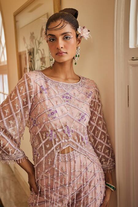 Mani Bhatia_Purple Organza, Crepe Ditsy Jaal Embroidered Tasseled Cape Top With Sharara _Online_at_Aza_Fashions