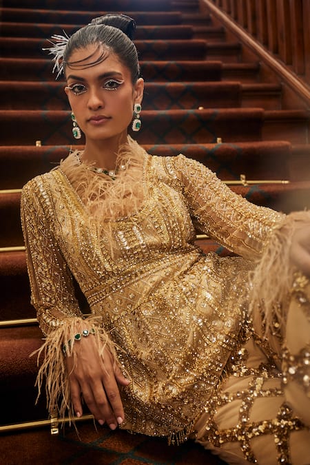 Mani Bhatia_Gold Crepe, Satin Cut Work, Jaal Blossom Embroidered Peplum Kurti With Sharara _Online_at_Aza_Fashions