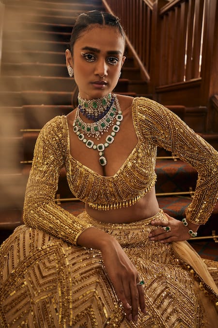 Mani Bhatia Gold Satin, Net Zari, Sequins, Cut Work Cosmic Mirage Embroidered Lehenga Set Online at Aza Fashions Mani Bhatia_Gold Satin, Net Zari, Sequins, Cut Work Cosmic Mirage Embroidered Lehenga Set _Online_at_Aza_Fashions