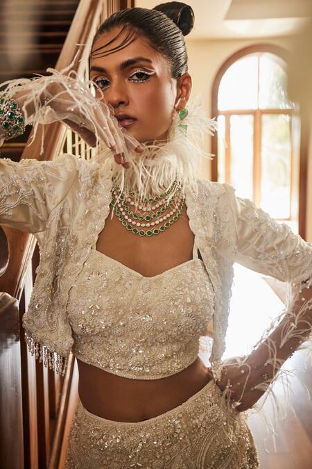 Mani Bhatia_Ivory Net, Crepe Pearls, Sequins, Cut Callista Embroidered Jacket And Lehenga Set _Online_at_Aza_Fashions