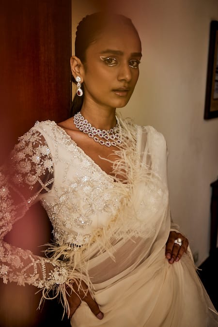 Mani Bhatia_Ivory Organza, Net, Feather Trim Embellished Pre-draped Ruffle Saree With Blouse _Online_at_Aza_Fashions