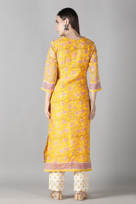 Shop Sheeshakari Yellow Silk, Cotton Embroidery, Mirrors Split V-neck Kurta Pant Set at Aza Fashions Shop_Sheeshakari_Yellow Silk, Cotton Embroidery, Mirrors Split V-neck Kurta Pant Set _at_Aza_Fashions