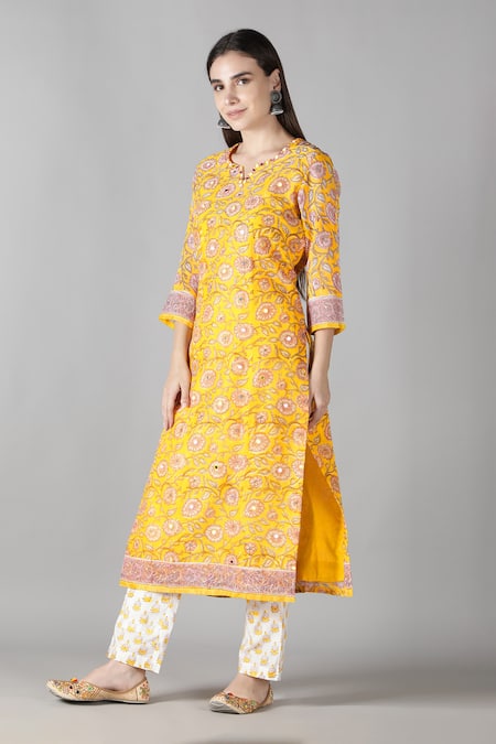 Buy Sheeshakari Yellow Silk, Cotton Embroidery, Mirrors Split V-neck Kurta Pant Set Online at Aza Fashions Buy_Sheeshakari_Yellow Silk, Cotton Embroidery, Mirrors Split V-neck Kurta Pant Set _Online_at_Aza_Fashions
