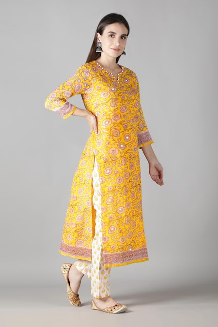 Shop Sheeshakari Yellow Silk, Cotton Embroidery, Mirrors Split V-neck Kurta Pant Set Online at Aza Fashions Shop_Sheeshakari_Yellow Silk, Cotton Embroidery, Mirrors Split V-neck Kurta Pant Set _Online_at_Aza_Fashions