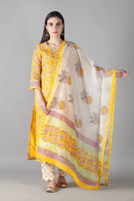 Buy Sheeshakari Yellow Silk, Cotton Embroidery, Mirrors Split V-neck Kurta Pant Set Buy_Sheeshakari_Yellow Silk, Cotton Embroidery, Mirrors Split V-neck Kurta Pant Set