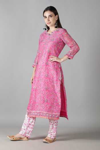 Buy_Sheeshakari_Pink Silk, Cotton Mirrors Split V-neck Sheeshakari Embroidered Kurta Pant Set _Online_at_Aza_Fashions