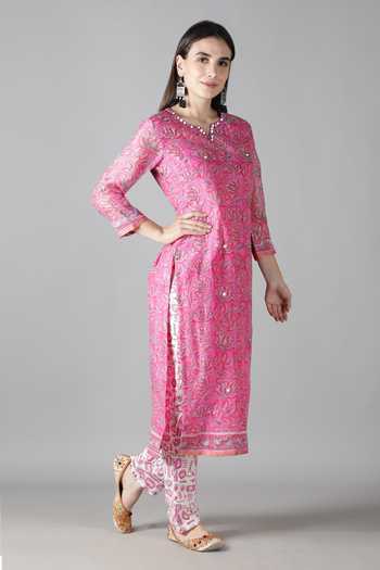 Shop_Sheeshakari_Pink Silk, Cotton Mirrors Split V-neck Sheeshakari Embroidered Kurta Pant Set _Online_at_Aza_Fashions