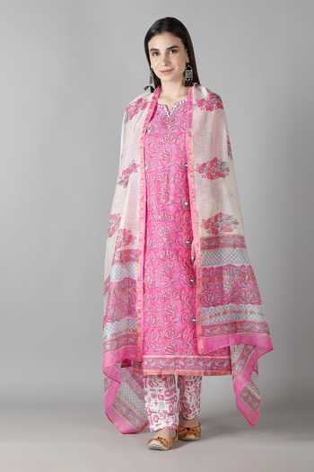 Buy_Sheeshakari_Pink Silk, Cotton Mirrors Split V-neck Sheeshakari Embroidered Kurta Pant Set 