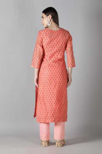 Buy_Sheeshakari_Pink Silk Embroidery, Gota Patti Split V-neck Sheeshakari And Kurta Pant Set _Online_at_Aza_Fashions