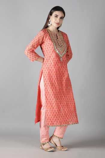 Shop_Sheeshakari_Pink Silk Embroidery, Gota Patti Split V-neck Sheeshakari And Kurta Pant Set _Online_at_Aza_Fashions