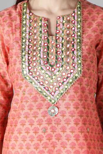 Sheeshakari_Pink Silk Embroidery, Gota Patti Split V-neck Sheeshakari And Kurta Pant Set _at_Aza_Fashions