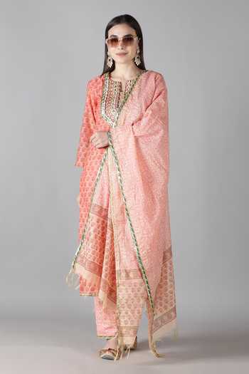 Buy_Sheeshakari_Pink Silk Embroidery, Gota Patti Split V-neck Sheeshakari And Kurta Pant Set 