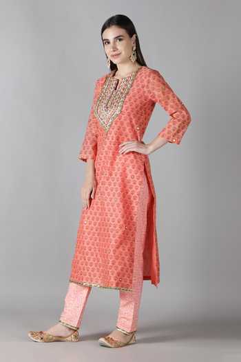 Shop_Sheeshakari_Pink Silk Embroidery, Gota Patti Split V-neck Sheeshakari And Kurta Pant Set 