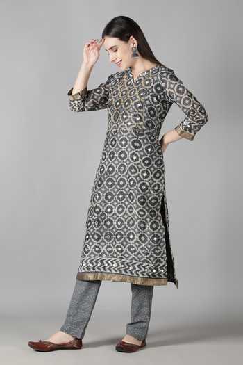 Sheeshakari_Grey Silk Mirrors, Embroidery, Beads Collared And Resham Kurta Pant Set _Online_at_Aza_Fashions