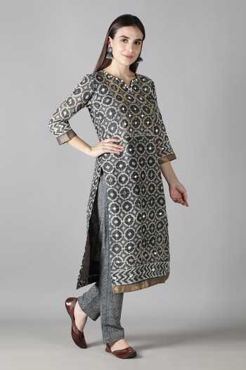 Buy_Sheeshakari_Grey Silk Mirrors, Embroidery, Beads Collared And Resham Kurta Pant Set _Online_at_Aza_Fashions