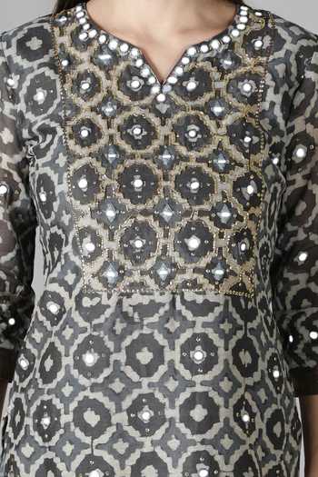 Shop_Sheeshakari_Grey Silk Mirrors, Embroidery, Beads Collared And Resham Kurta Pant Set _Online_at_Aza_Fashions
