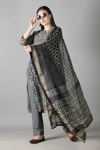 Sheeshakari_Grey Silk Mirrors, Embroidery, Beads Collared And Resham Kurta Pant Set _at_Aza_Fashions