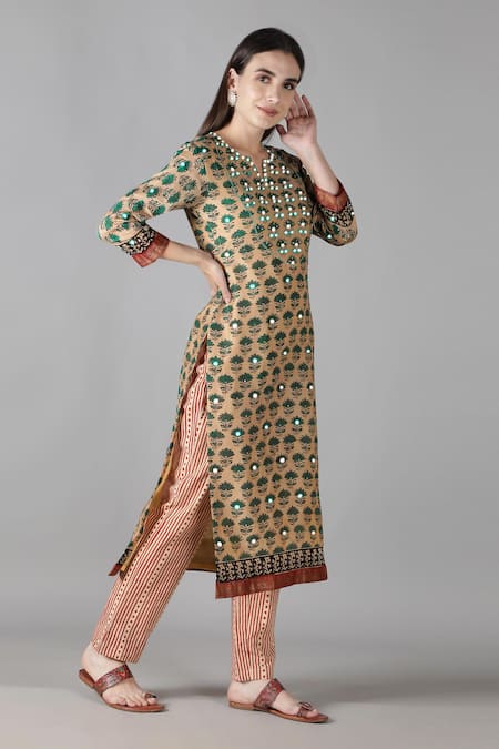 Shop_Sheeshakari_Beige Silk Embroidery, Mirrors Split V-neck Floral Pattern Kurta Pant Set _Online_at_Aza_Fashions
