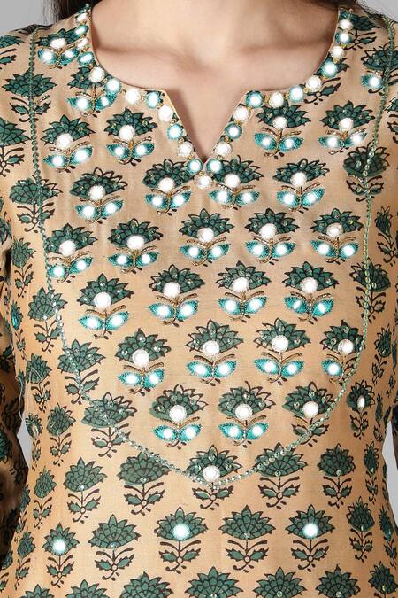 Sheeshakari_Beige Silk Embroidery, Mirrors Split V-neck Floral Pattern Kurta Pant Set _at_Aza_Fashions