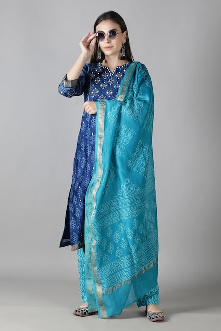 Sheeshakari Blue Silk Embroidered Mirror Notched And Resham Kurta Pant Set 