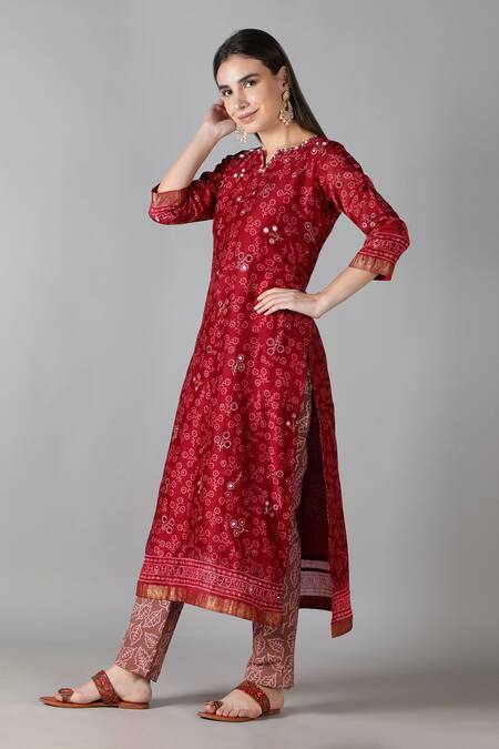 Buy_Sheeshakari_Red Silk Embroidery, Mirrors, Zari Split V-neck And Kurta Pant Set _Online_at_Aza_Fashions