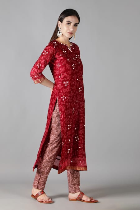 Shop_Sheeshakari_Red Silk Embroidery, Mirrors, Zari Split V-neck And Kurta Pant Set _Online_at_Aza_Fashions