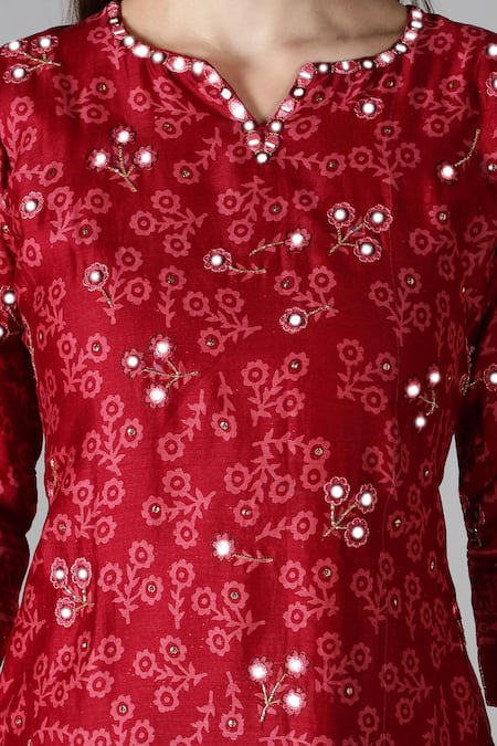 Sheeshakari_Red Silk Embroidery, Mirrors, Zari Split V-neck And Kurta Pant Set _at_Aza_Fashions