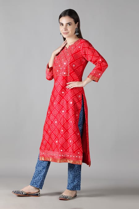 Buy_Sheeshakari_Red Silk Mirrors, Zari Split V-neck And Tikki Embroidered Kurta Pant Set _Online_at_Aza_Fashions
