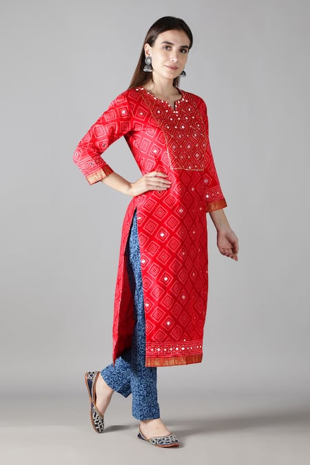 Shop_Sheeshakari_Red Silk Mirrors, Zari Split V-neck And Tikki Embroidered Kurta Pant Set _Online_at_Aza_Fashions