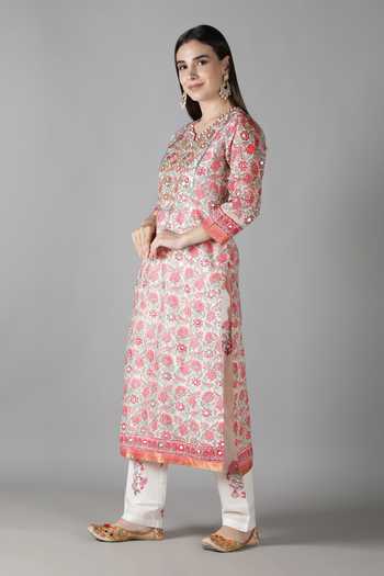 Buy_Sheeshakari_White Silk Mirrors, Embroidery Split V-neck And Aari Kurta Pant Set _Online_at_Aza_Fashions